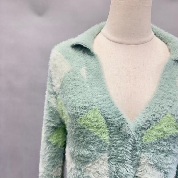 Cotton On argyle fluffy eyelash knit polo cropped cardigan in green Size Small - Picture 5 of 15